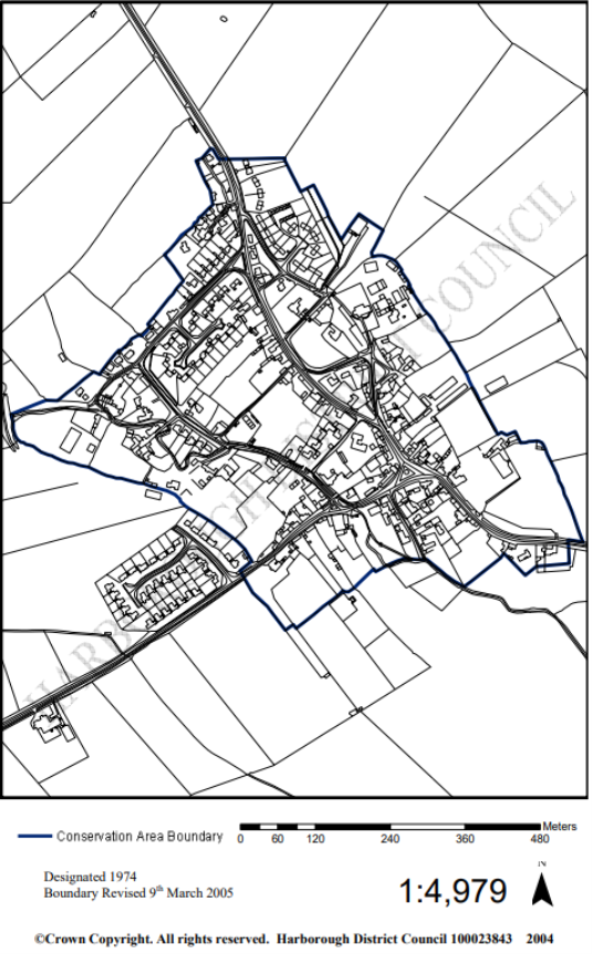 Map of Great Easton showing conservation area boundary.